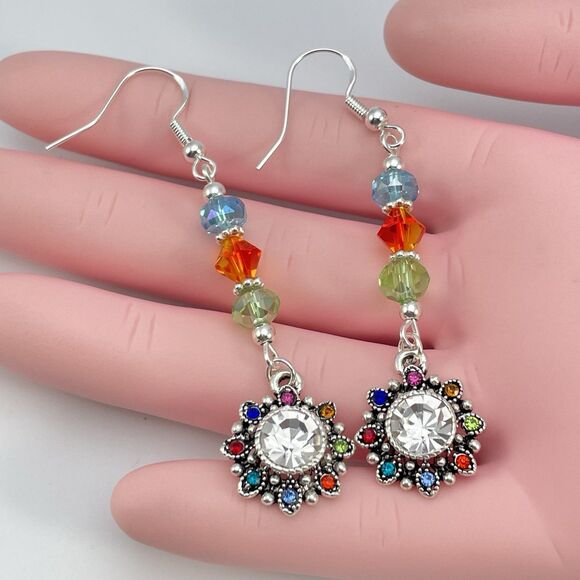 Sterling Silver Plated Multi Color Beaded Flower Rhinestone Dangle Earrings Boho - Picture 7 of 8